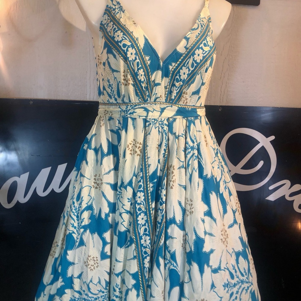 Blue Cream Floral Maxi Dress Womens Boho  V Neck Vacation Cottagecore Plus 2x